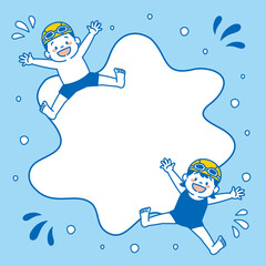 水泳　スイミングスクール　子ども　イラスト　背景　正方形　シンプル - obrazy, fototapety, plakaty