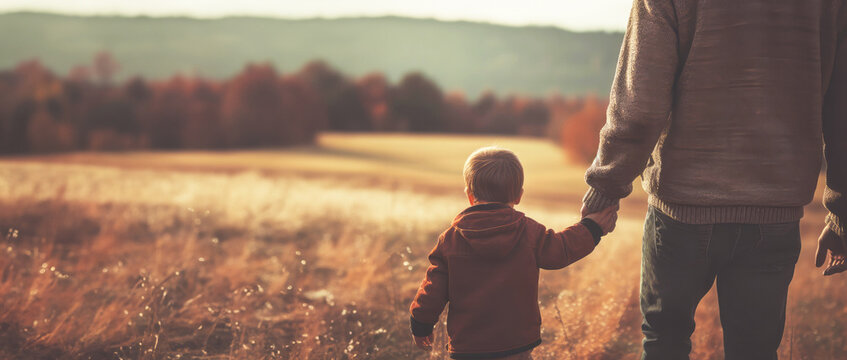 father holding hands kid boy child son, have a happy feeling together with love in concept of family travel nature outdoor walking, banner space, Generative ai