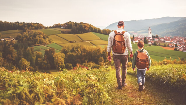 father holding hands kid boy child son, have a happy feeling together with love in concept of family travel nature outdoor walking, banner space, Generative ai