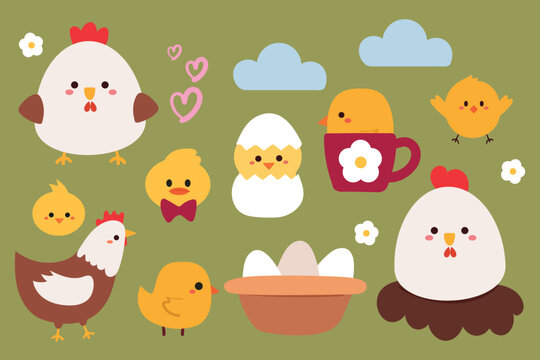 cute cartoon chicken and bird sticker set