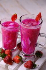 Es Buah Es Teler, a fresh mix of tropical fruits such as young coconut, dragon fruit, basil seeds, cantaloupe, melon. This drink is popular in Indonesia, especially during the fasting month of Ramadan