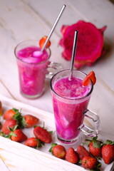 Es Buah Es Teler, a fresh mix of tropical fruits such as young coconut, dragon fruit, basil seeds, cantaloupe, melon. This drink is popular in Indonesia, especially during the fasting month of Ramadan