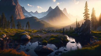 Stunning landscape river golden hour falls and mountains. Generative AI