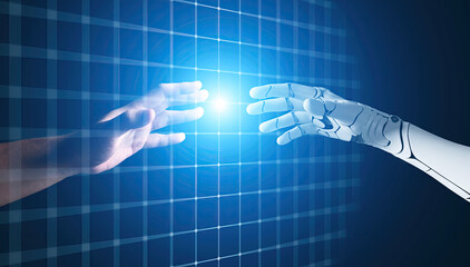Hands of Robot and Human Touching together through computer moniter screen in dark background....