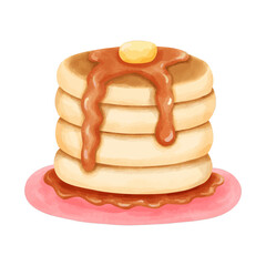 Honey pancakes with maple syrup on top.