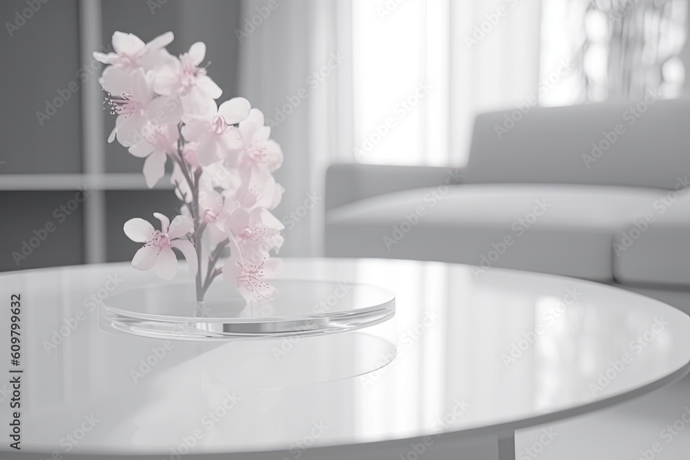 Poster simple white table adorned with a colorful vase of flowers Generative AI