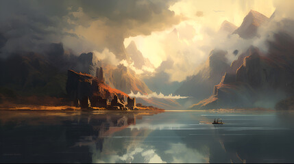 Fototapeta premium Mountains reflect in the calm lake during sunrise