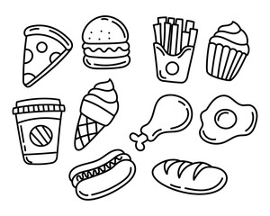 Set of food vector illustrations in cute doodle style isolated on white background