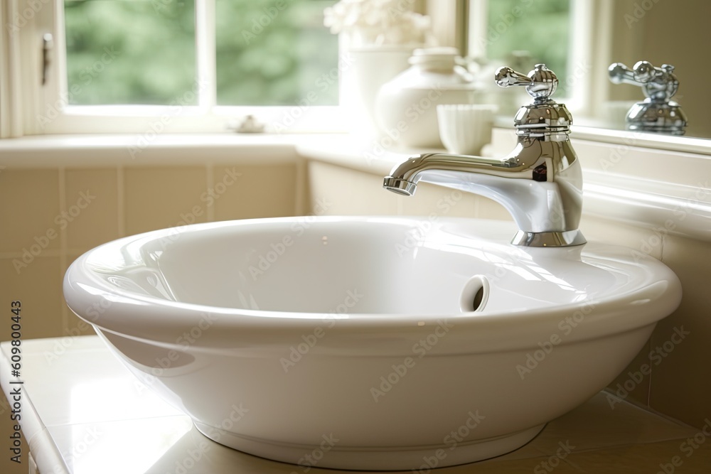 Wall mural modern bathroom sink with a sleek faucet and a large window with natural light Generative AI