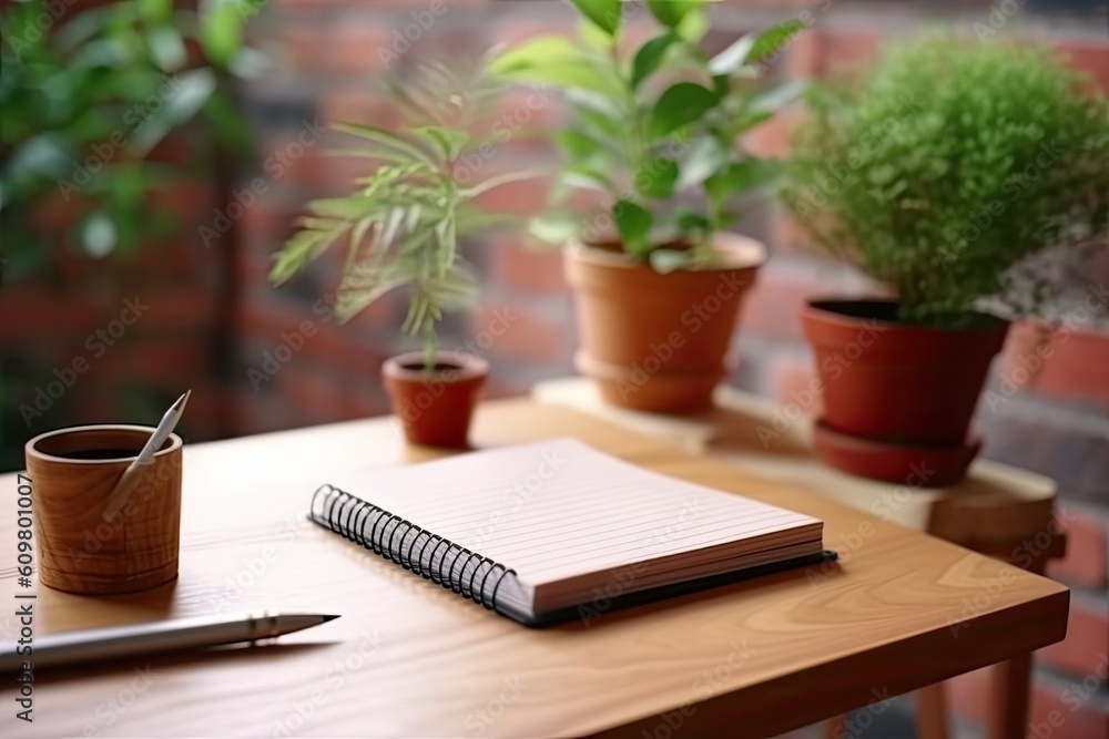 Poster wooden table with a notebook and pen on it generative ai