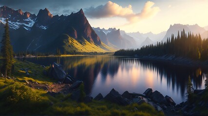 Stunning landscape river golden hour falls and mountains. Generative AI