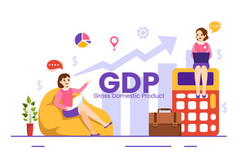 GDP or Gross Domestic Product Vector Illustration with Economic Growth Column and Market Productivity Chart in Flat Cartoon Hand Drawn Templates