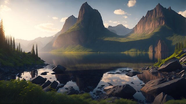 Stunning landscape river golden hour falls and mountains. Generative AI