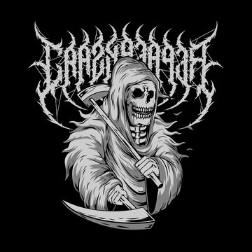 Grim Reaper, with circular text crazy reaper, Design for printing on t-shirts, stickers and more. Vector