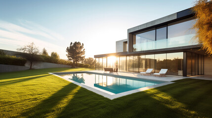 Morning view of a modern house with a terrace, pool and a lawn. 3d render illustration. Generative AI.