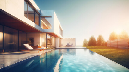 Obraz premium Morning view of a modern house with a terrace, pool and a lawn. 3d render illustration. Generative AI.