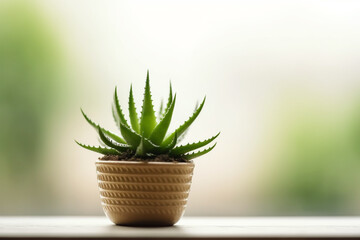 Cute mini Aloe plant in a pot on a table with a bokeh garden background. Generative AI.