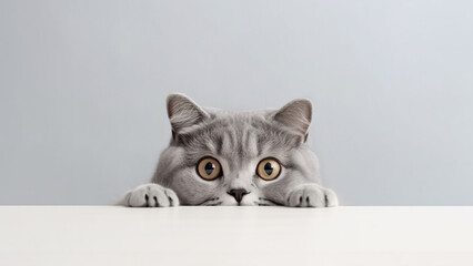 A young cat curiosity peeked from behind a table with a grey background. Generative AI.