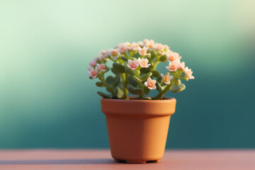 Cute mini Kalanchoe plant in a pot on a table with a pastel background. Generative AI.