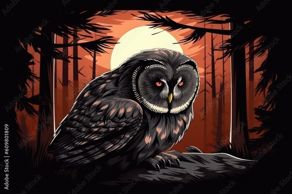 Poster an owl perched on a tree branch in a forest generative ai