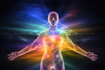 Glowing human body made out of neon fibers.  Afterlife, state of mind, meditation, esoteric and spiritual life. Generative AI. 