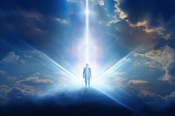 Silhouette of a man in the blue sky with bright beams of light. Afterlife, state of mind, meditation, esoteric and spiritual life. Generative AI. 