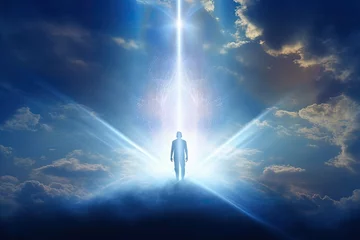 Fotobehang Silhouette of a man in the blue sky with bright beams of light. Afterlife, state of mind, meditation, esoteric and spiritual life. Generative AI.  © Yuliya