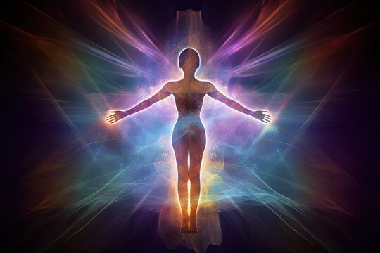  Glowing astral body silhouette with neon lights. Afterlife, state of mind, meditation, esoteric and spiritual life. Generative AI. 