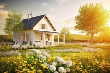 Fototapeta na wymiar quaint country home surrounded by a vibrant field of blooming flowers Generative AI