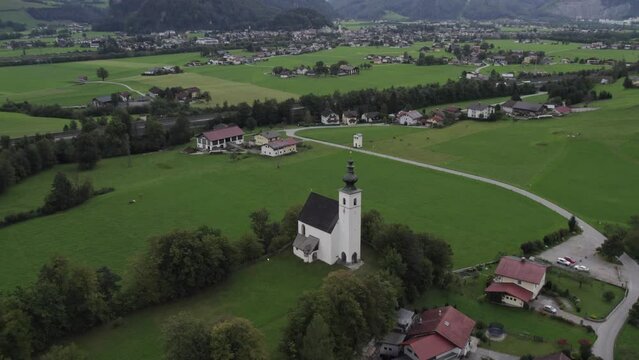 Panoramic shot of the Wallfahrtskirche St. Nikolaus Golling, drone shot