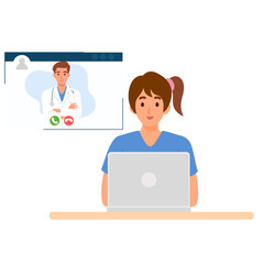 Fototapeta na wymiar Online doctor talking with a patient on a video call through smartphone or computer. Telemedicine and online healthcare. Medical telehealth concept. Flat vector illustration on white background.
