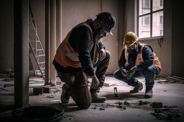 Fototapeta premium Two construction workers checking concealed pipe fittings of floor at a construction site. Building contractor with worker inspecting the site together. Generative AI.