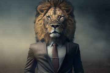 The image manipulation showcases a fascinating creation—a humanoid lion with a lion head seamlessly integrated onto a man wearing a suit. Generative AI.