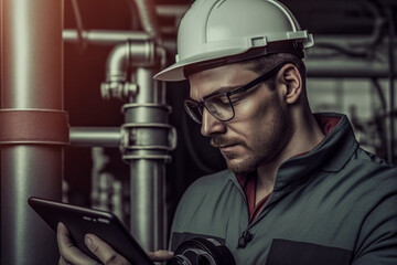 The diligent young Caucasian male engineer is performing a detailed inspection of the oil and gas system, verifying data on his tablet. Generative AI.