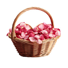 Fototapeta na wymiar Wicker heart-shaped basket filled with rose petals 