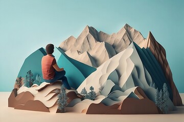 a sad man sitting watching over mountains, paper art style ai generated