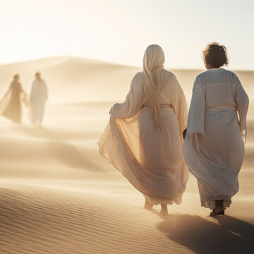 Graceful Elegance: Older Asian and Tanned Women Strolling on White Glistening Sand in Flowing Silk Robes Using Generative Ai