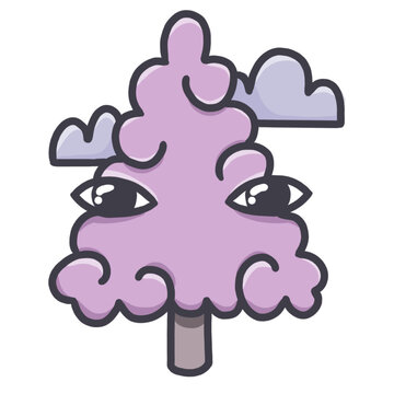pink fluffy cute tree with eyes and clouds cute picture