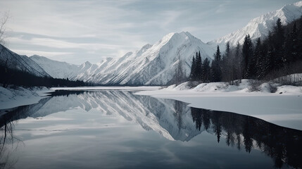 Mirror of Winter: Alaskan Mountains Reflecting on Calm Lake Waters