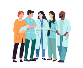 Goup of medical people together. Community of doctors, nurses, medic staff. Professional team flat cartoon vector design - 609805048