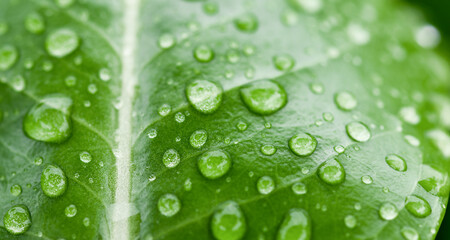 Dew drops of clean transparent water on the leaf. Sun glare in drop. Image in green tones.