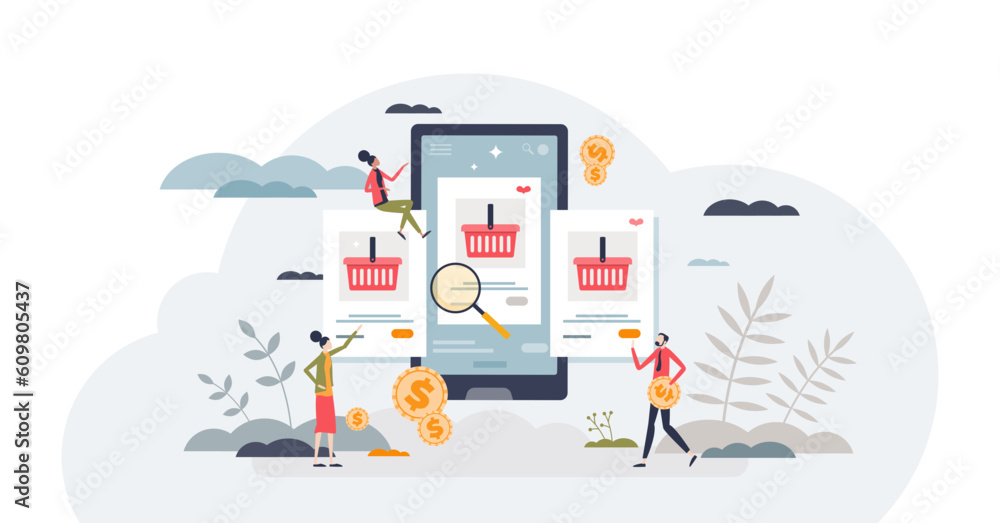 Poster e-commerce store for online shopping and purchases tiny person concept, transparent background. dist
