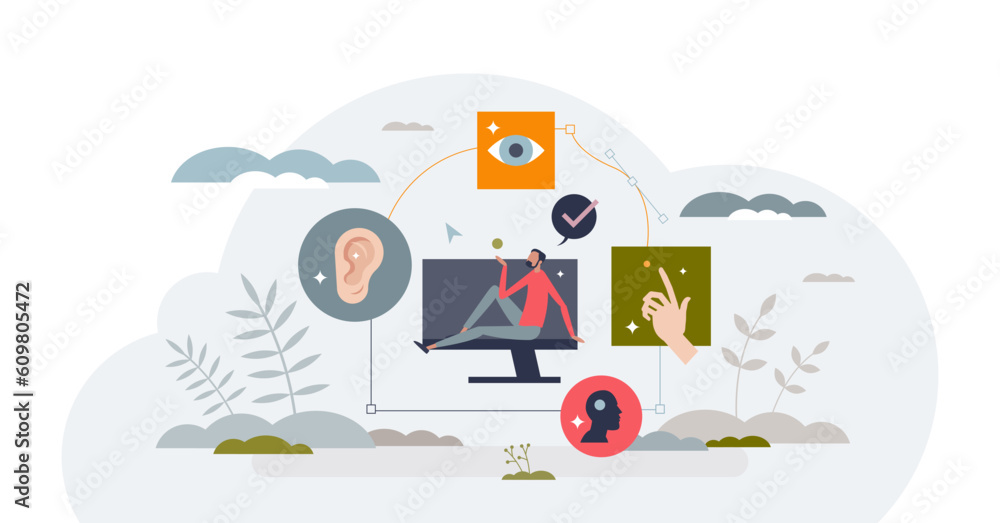 Poster web accessibility and assistance for disabled users tiny person concept, transparent background. dea
