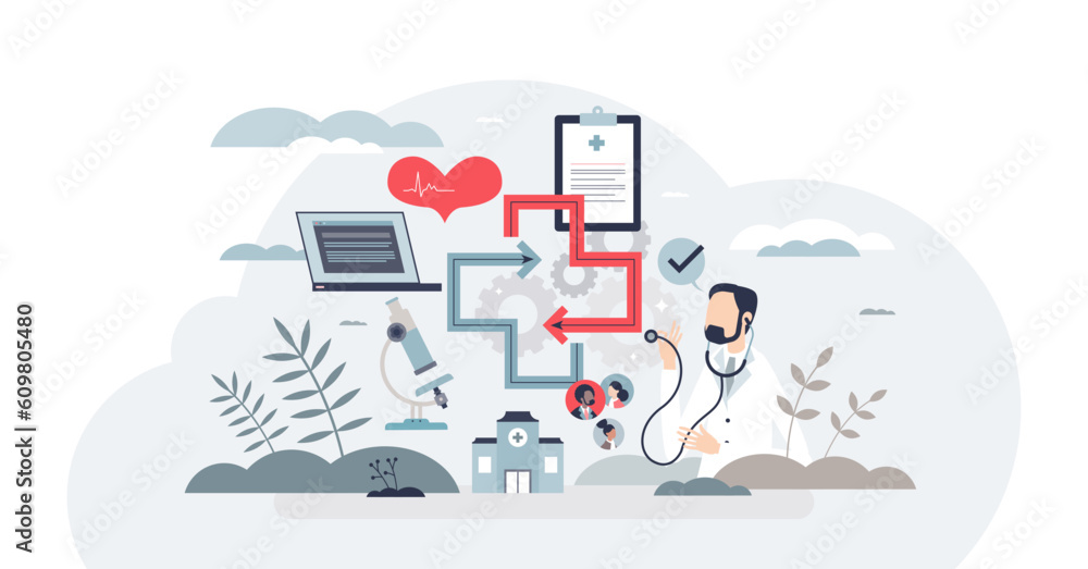 Poster interoperability in medicine with health data integration tiny person concept, transparent backgroun