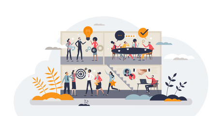 Fototapeta na wymiar Business operations and professional company work process tiny person concept, transparent background. Task management with effective and productive teamwork illustration.