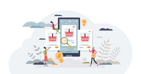 E-commerce store for online shopping and purchases tiny person concept, transparent background. Distant internet shop with website or mobile application platform for customers illustration.