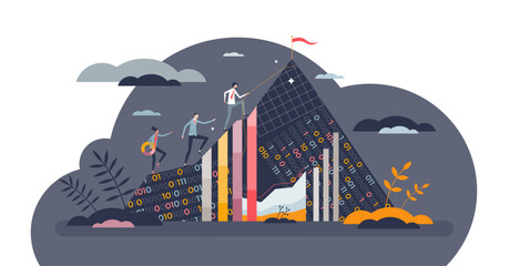 Data driven success as information management business tiny person concept, transparent background. Successful company development with digital info analytics and reports illustration.