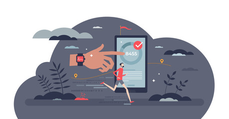 Fitness tech as wearable smart watch for sport activities tiny person concept, transparent background.Digital technology for healthy exercises and heart rate measurement illustration.