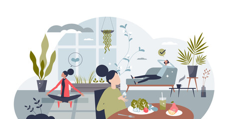 Wellness and healthy lifestyle with diet, sport and relax tiny person concept, transparent background. Good life balance with body and mind harmony, nutrition eating and vital leisure illustration.