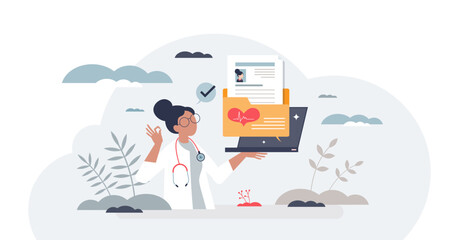 Electronic health records and patient medical data folder tiny person concept, transparent background. Healthcare digitization as checkup, examination and treatment history illustration.